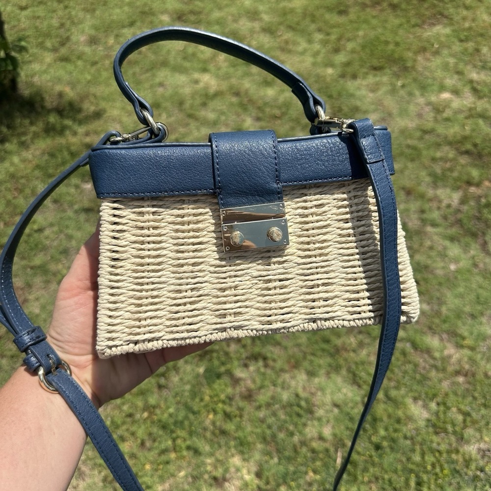 Lauren Conrad Wicker Woven Top Handle Crossbody Bag Gold Hardware Navy Strap